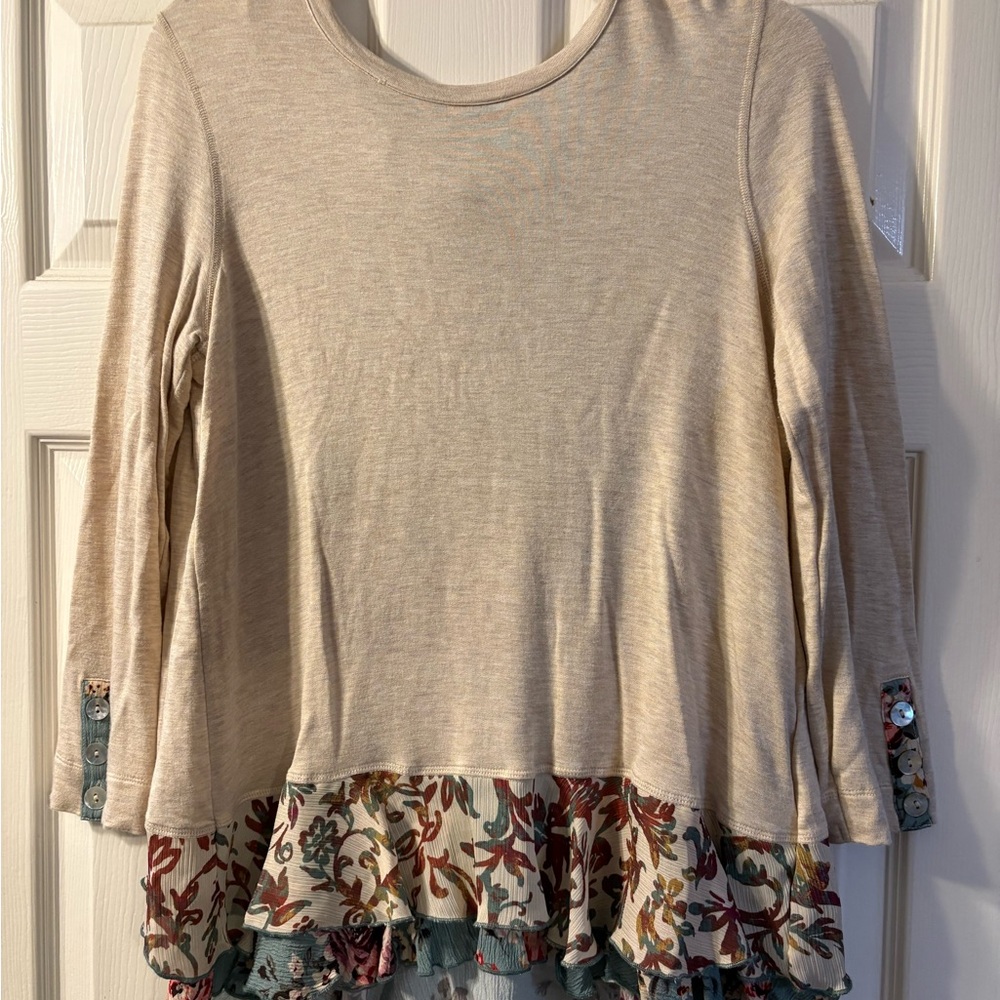 John Mark Beige Floral Ruffle Blouse